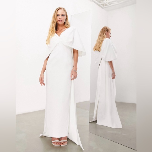 NWT {ASOS DESIGN} Dahlia Crepe Bow Back Maxi Wedding Dress in Ivory - Picture 2 of 5